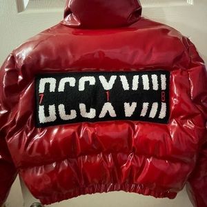 718 black owned brand red leather coat